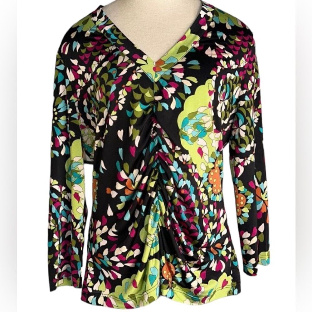 Etcetera‎ Womens Ruched Vneck Colorful Black Boho Sleek Blouse Groovy Hippie